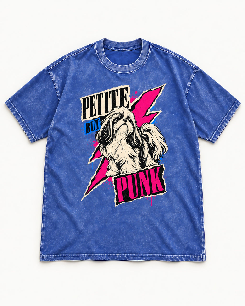 Shih Tzu Petite but Punk Lightning Graphic Washed Tee in Royal Blue, flat lay product photo