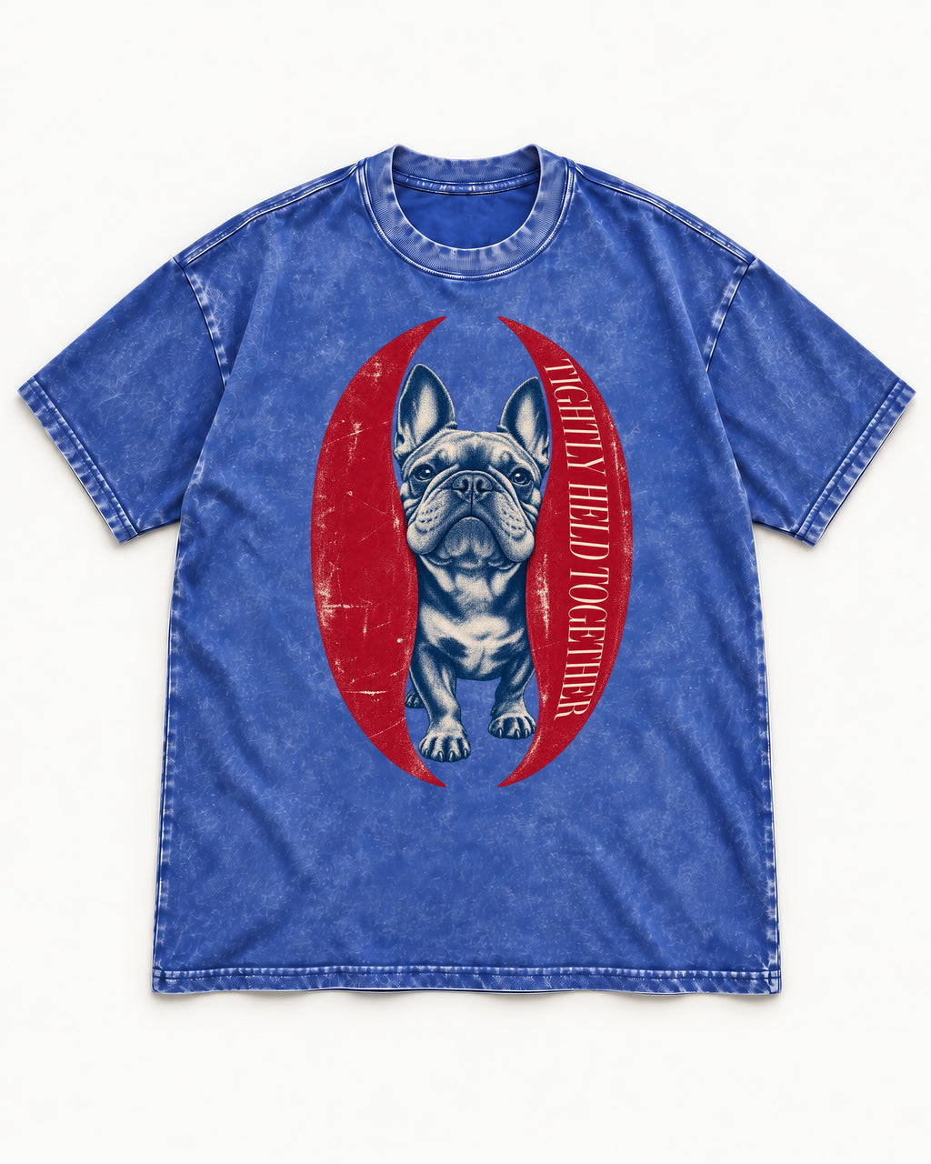 Frenchie Tightly Held Together Red Oval Graphic Washed Tee in Royal Blue, flat lay product photo