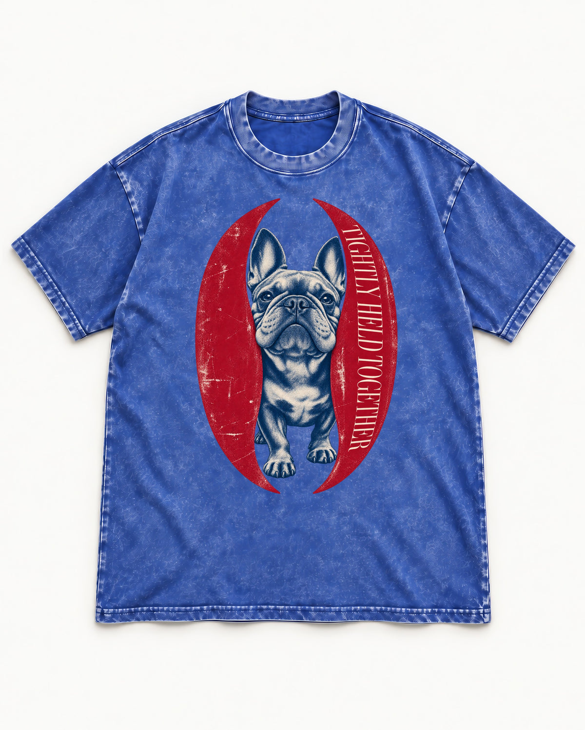 Frenchie Tightly Held Together Red Oval Graphic Washed Tee in Royal Blue, flat lay product photo