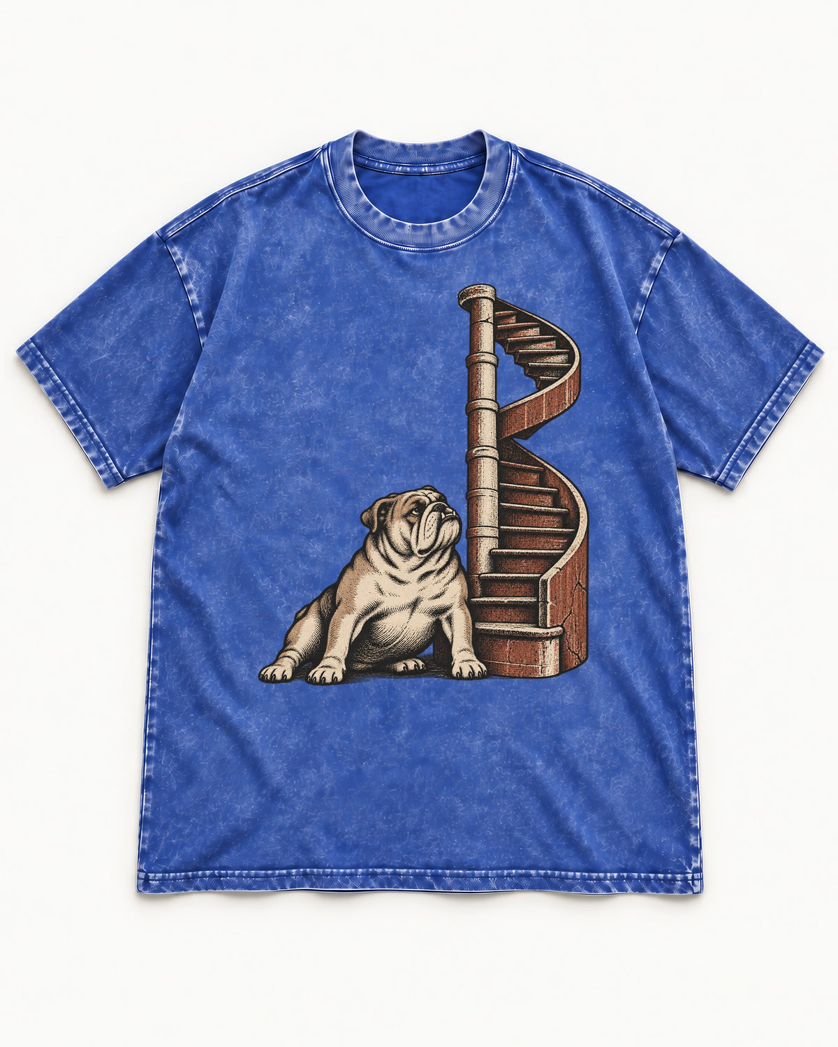 English Bulldog Spiral Staircase Graphic Washed Tee in Royal Blue, flat lay product photo