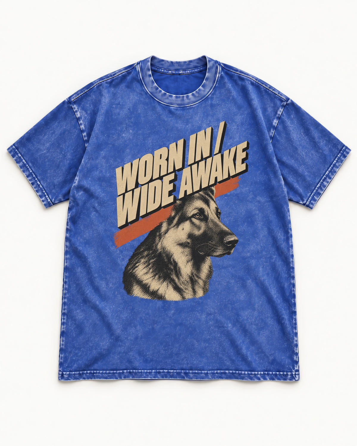 Worn In Wide Awake Portrait German Shepherd Dog Graphic Washed Tee in Royal Blue, flat lay product photo