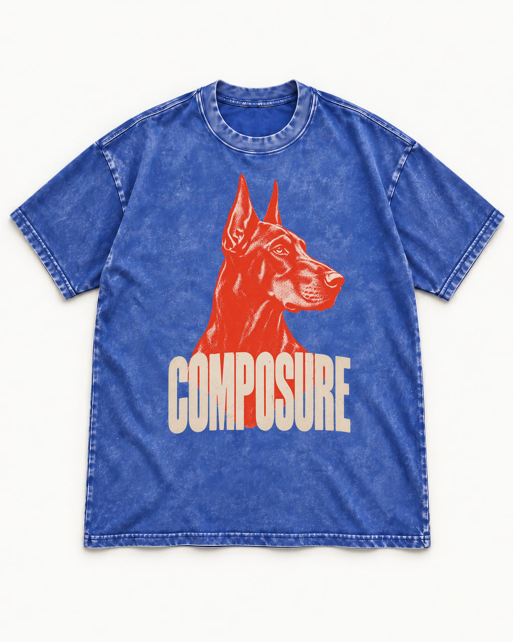 Doberman Composure Portrait Graphic Washed Tee in Royal Blue, flat lay product photo