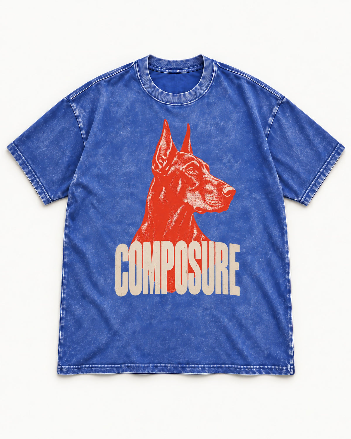 Doberman Composure Portrait Graphic Washed Tee in Royal Blue, flat lay product photo