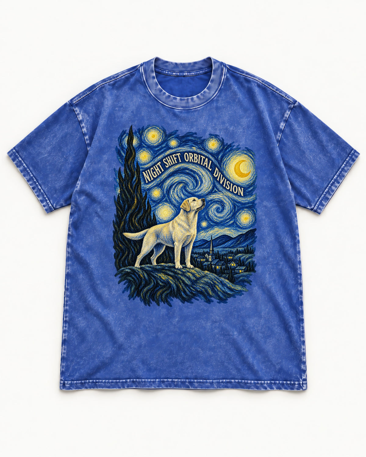Labrador Retriever Night Shift Orbital Division Starry Night Graphic Washed Tee in Royal Blue, flat lay product photo