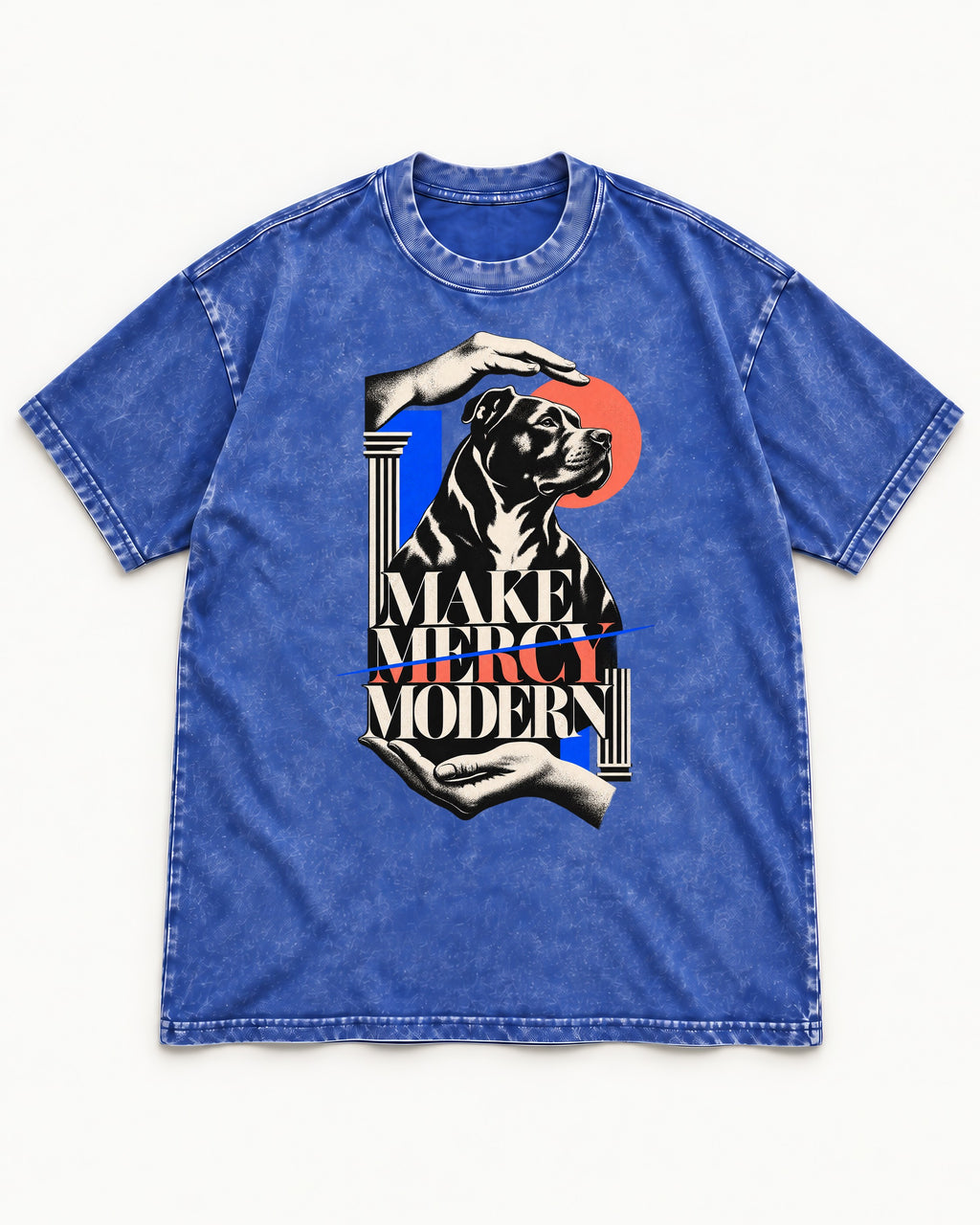 Pitbull Make Mercy Modern Protective Hands Graphic Washed Tee in Royal Blue, flat lay product photo