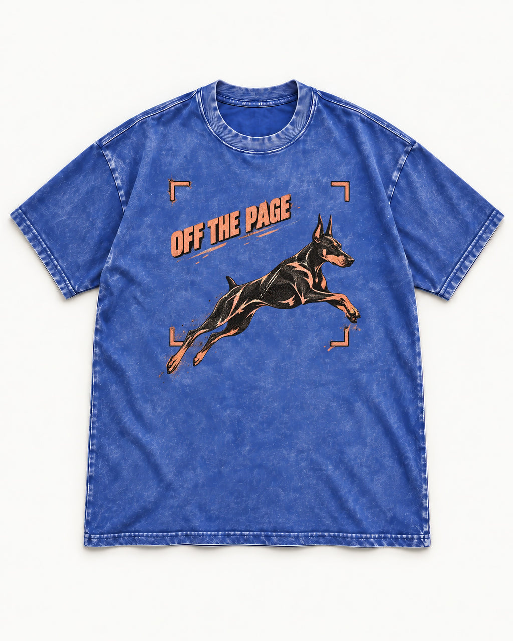 Doberman Off the Page Focus Frame Graphic Washed Tee in Royal Blue, flat lay product photo