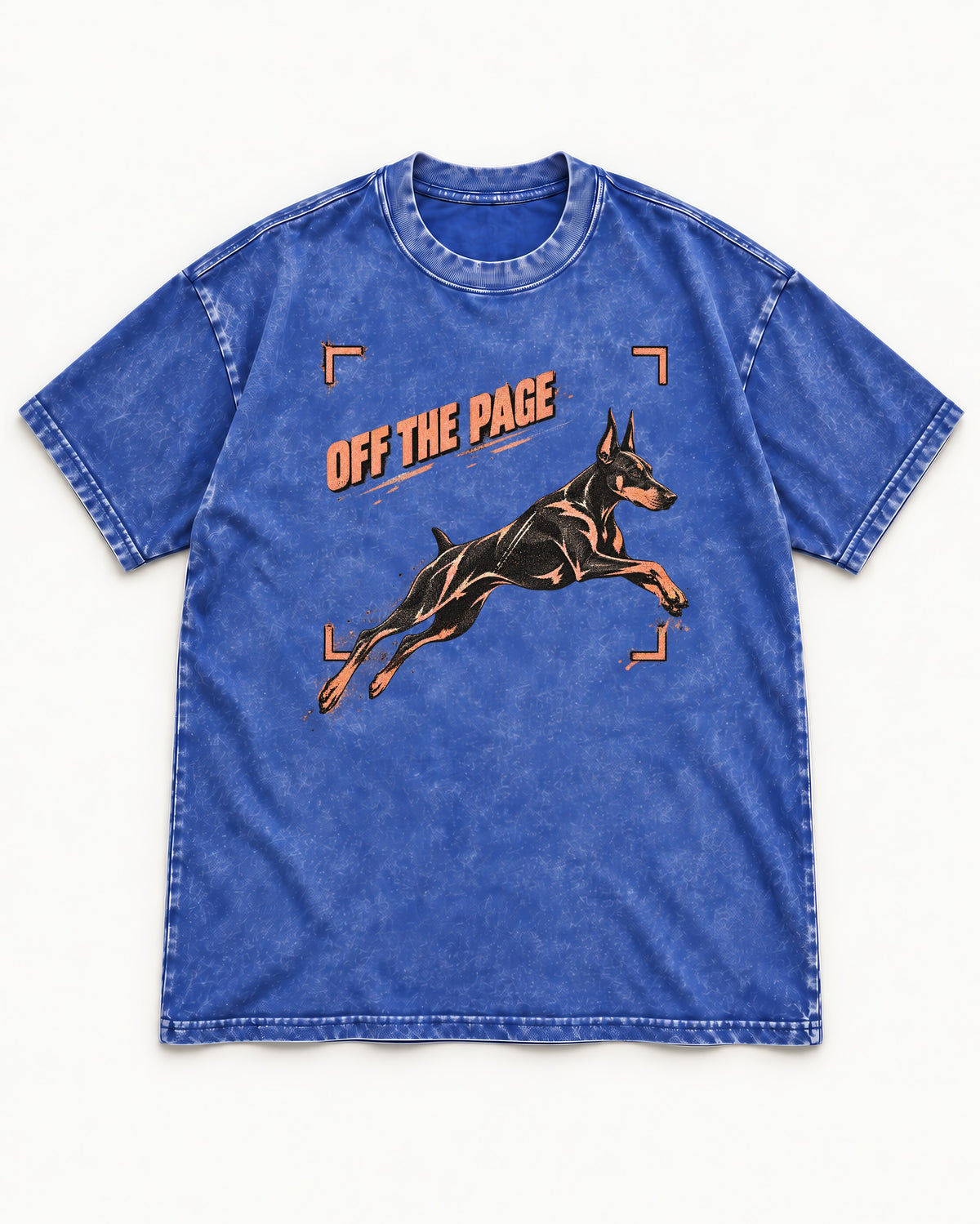 Doberman Off the Page Focus Frame Graphic Washed Tee in Royal Blue, flat lay product photo
