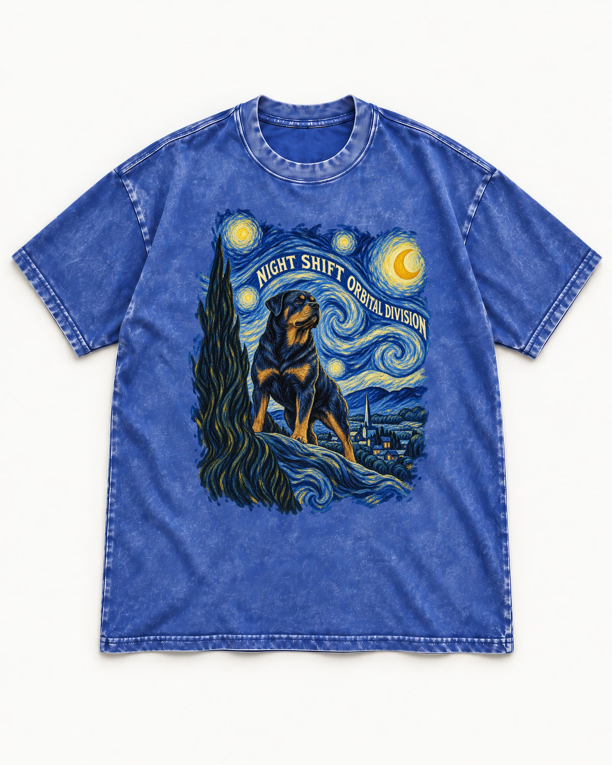 Rottweiler Night Shift Orbital Division Starry Night Graphic Washed Tee in Royal Blue, flat lay product photo