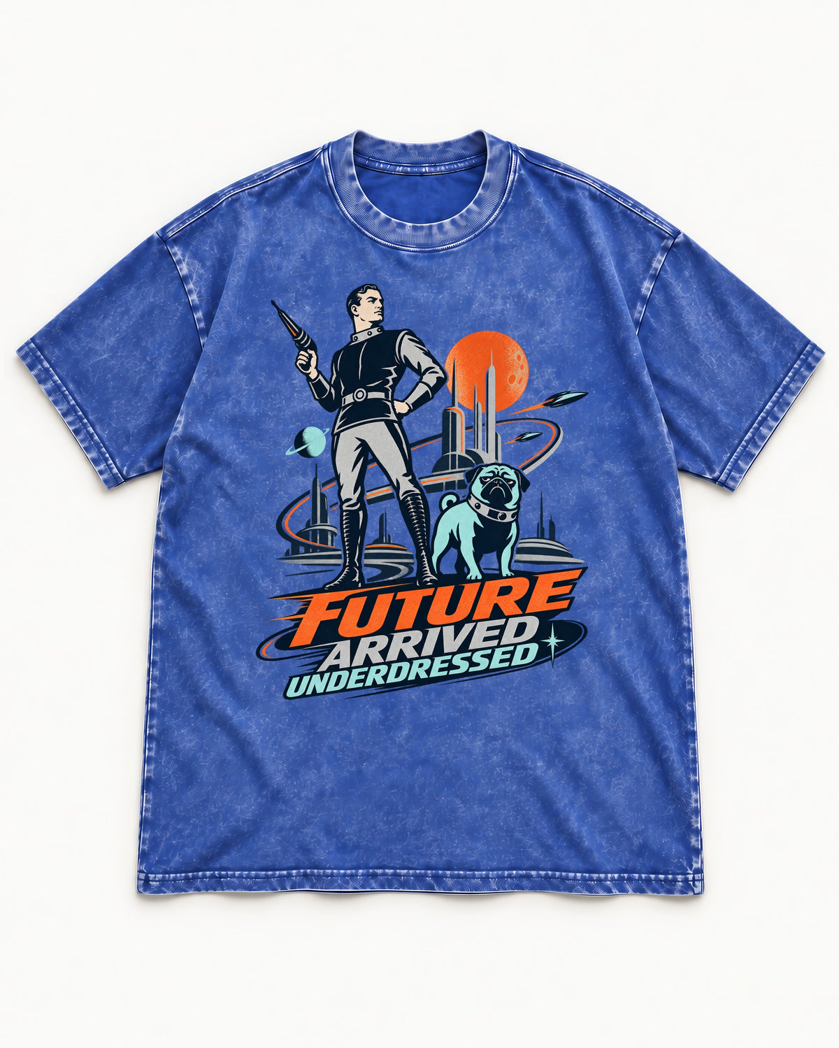 Pug Future Arrived Underdressed Space Hero Graphic Washed Tee in Royal Blue, flat lay product photo