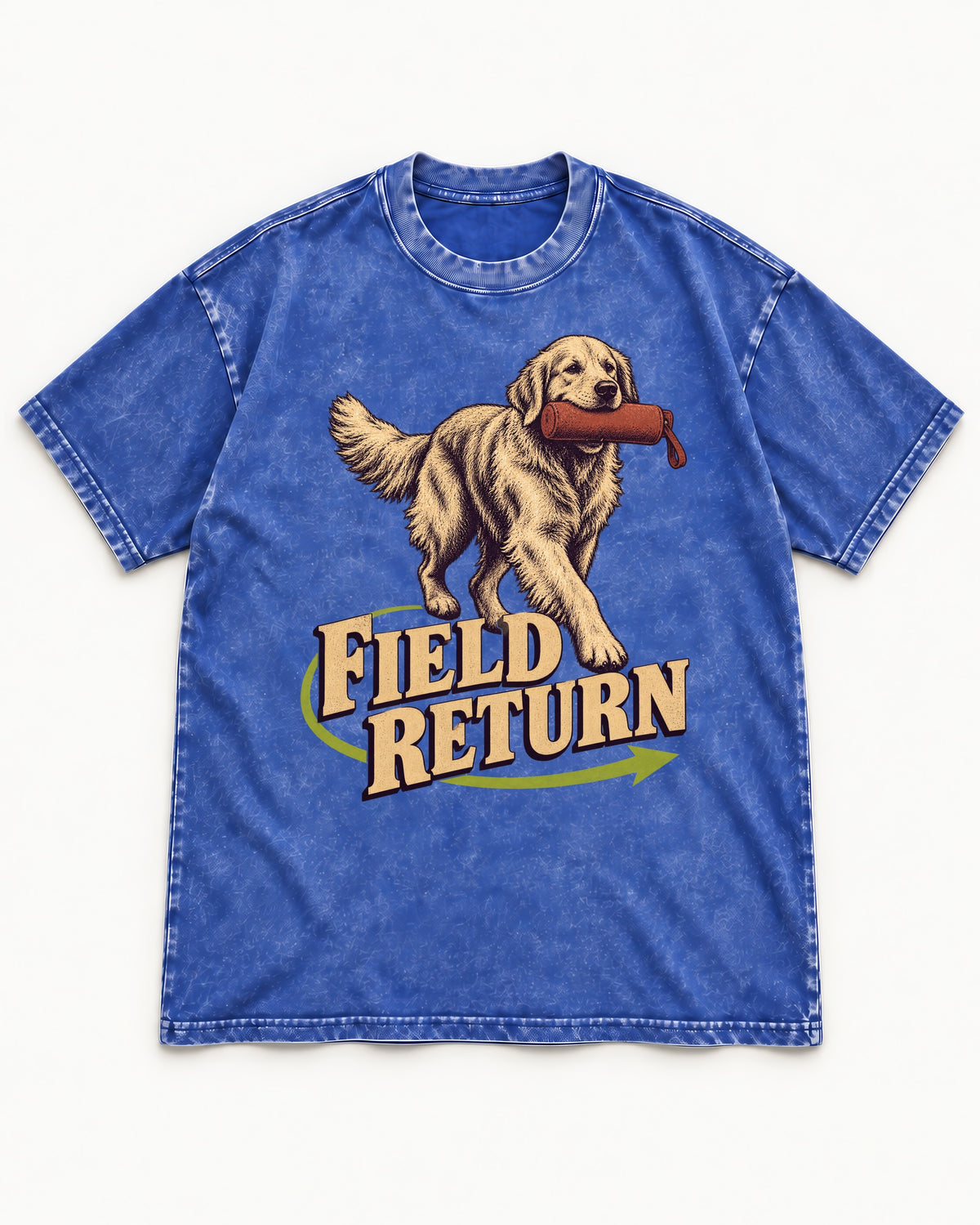 Golden Retriever Field Return Training Dummy Graphic Washed Tee in Royal Blue, flat lay product photo