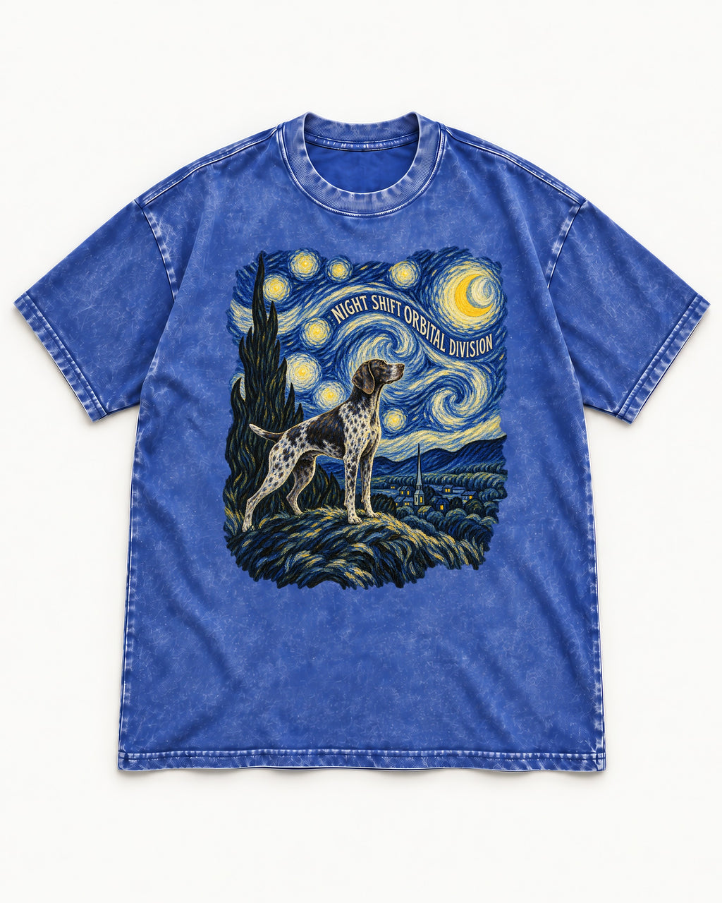 German Shorthaired Pointer Night Shift Orbital Division Starry Night Graphic Washed Tee in Royal Blue, flat lay product photo