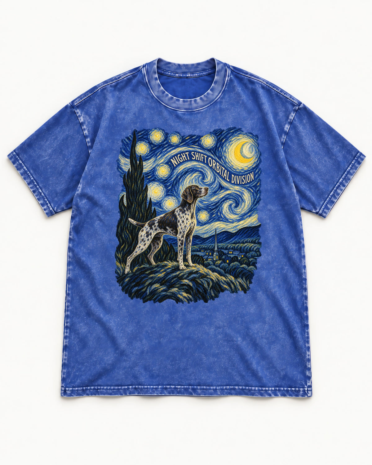 German Shorthaired Pointer Night Shift Orbital Division Starry Night Graphic Washed Tee in Royal Blue, flat lay product photo