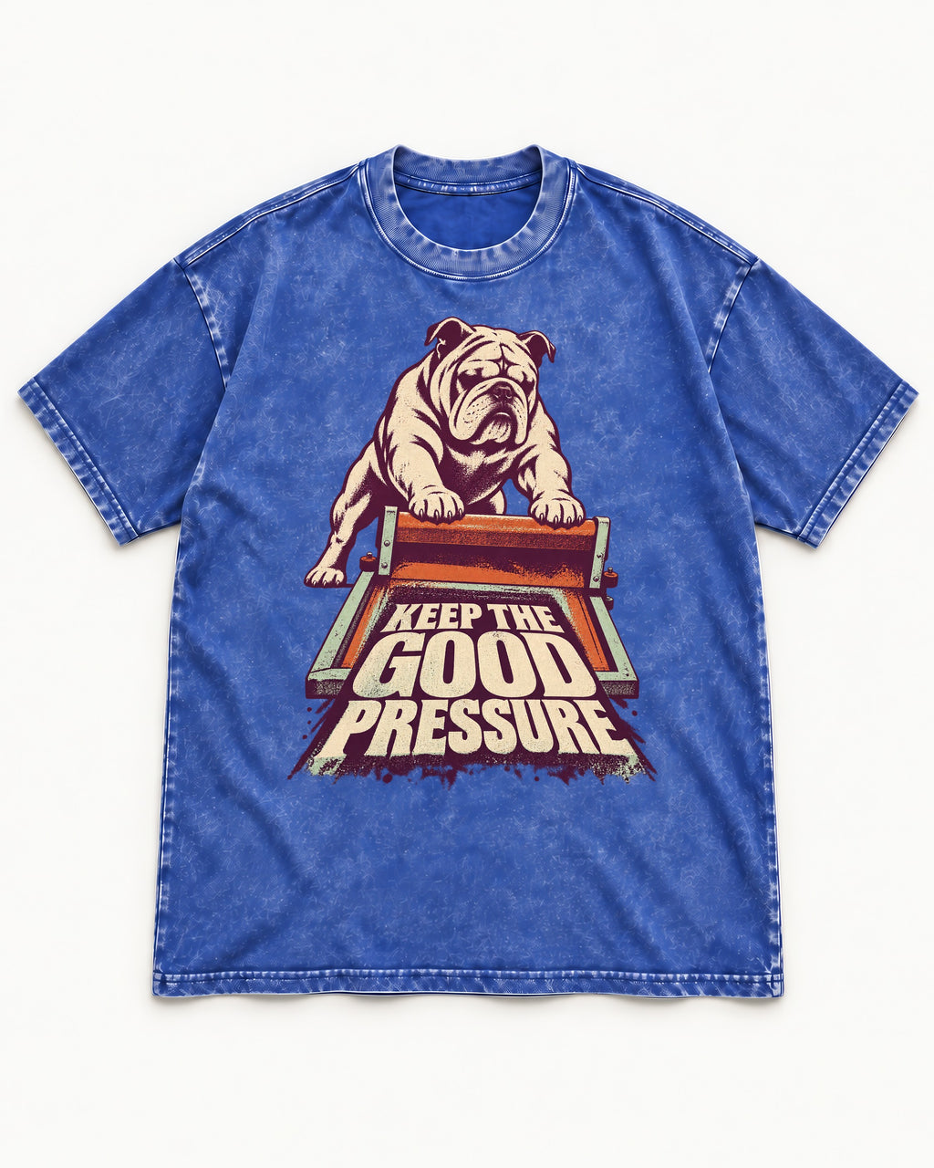English Bulldog Keep the Good Pressure Printing Press Graphic Washed Tee in Royal Blue, flat lay product photo