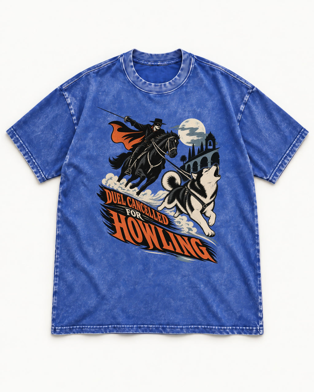 Husky Duel Cancelled for Howling Masked Rider Graphic Washed Tee in Royal Blue, flat lay product photo
