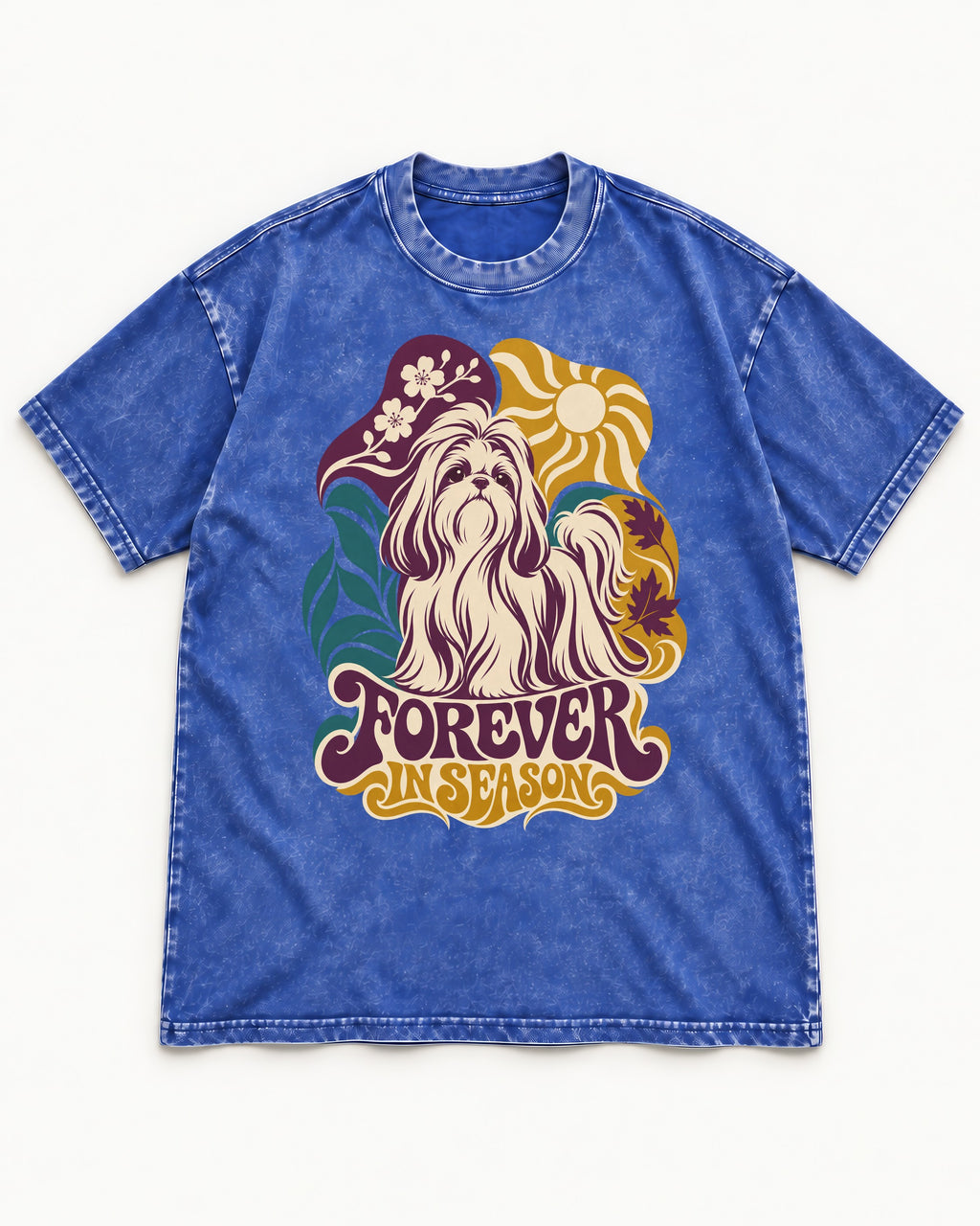 Shih Tzu Forever in Season Botanical Sun Graphic Washed Tee in Royal Blue, flat lay product photo