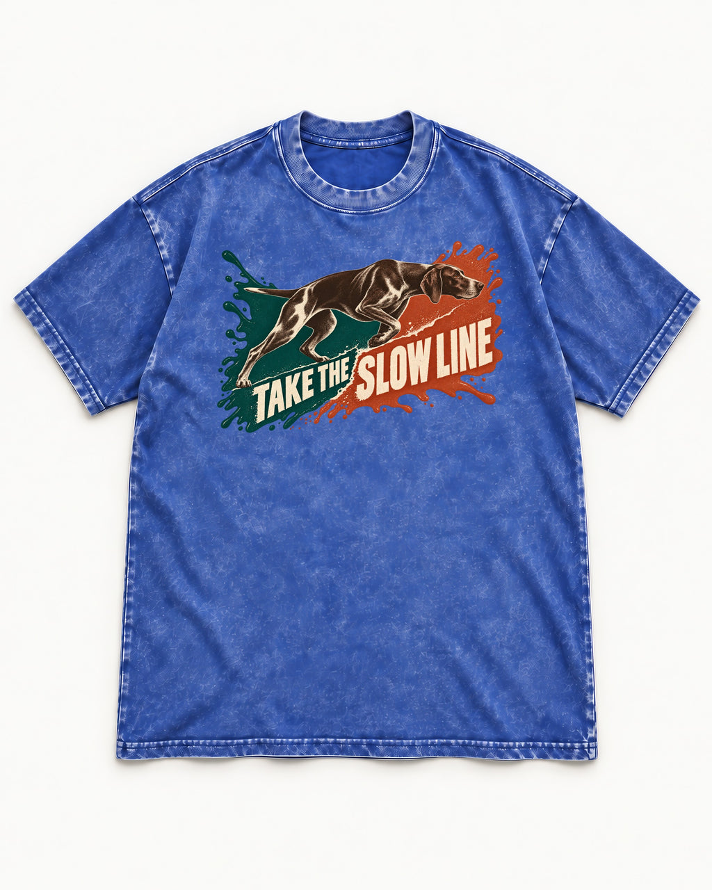 German Shorthaired Pointer Take The Slow Line Paint Splash Graphic Washed Tee in Royal Blue, flat lay product photo