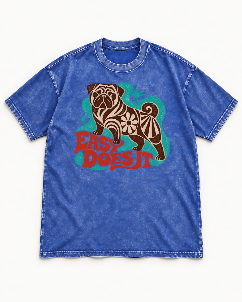 Pug Easy Does It Retro Floral Graphic Washed Tee in Royal Blue, flat lay product photo