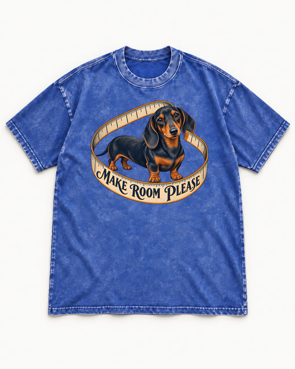 Dachshund Make Room Please Measuring Tape Graphic Washed Tee in Royal Blue, flat lay product photo