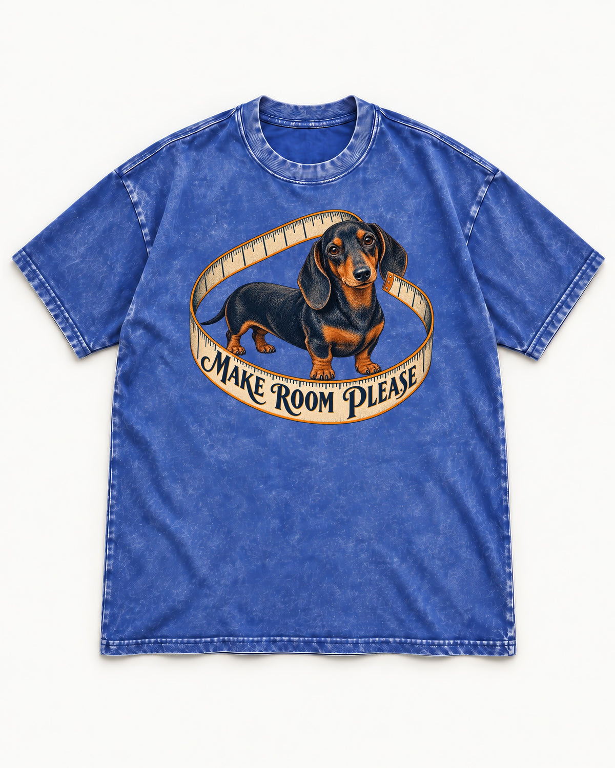 Dachshund Make Room Please Measuring Tape Graphic Washed Tee in Royal Blue, flat lay product photo