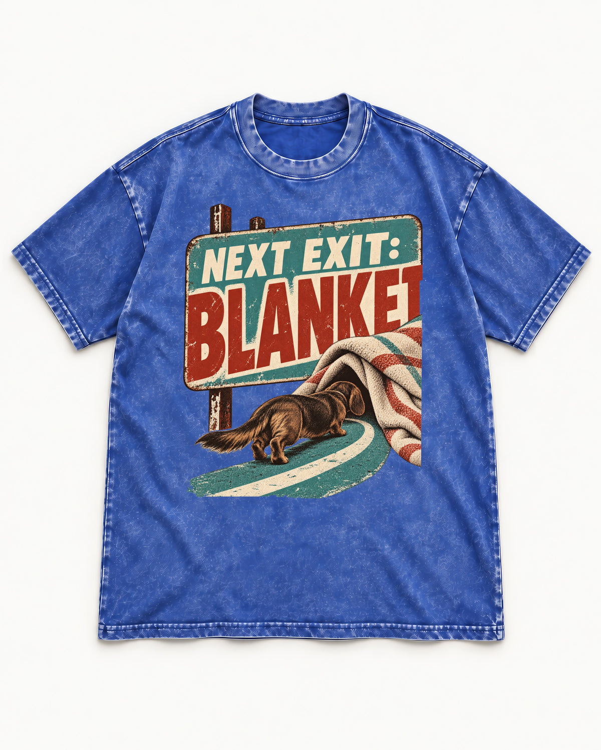 Dachshund Next Exit Blanket Road Sign Graphic Washed Tee in Royal Blue, flat lay product photo