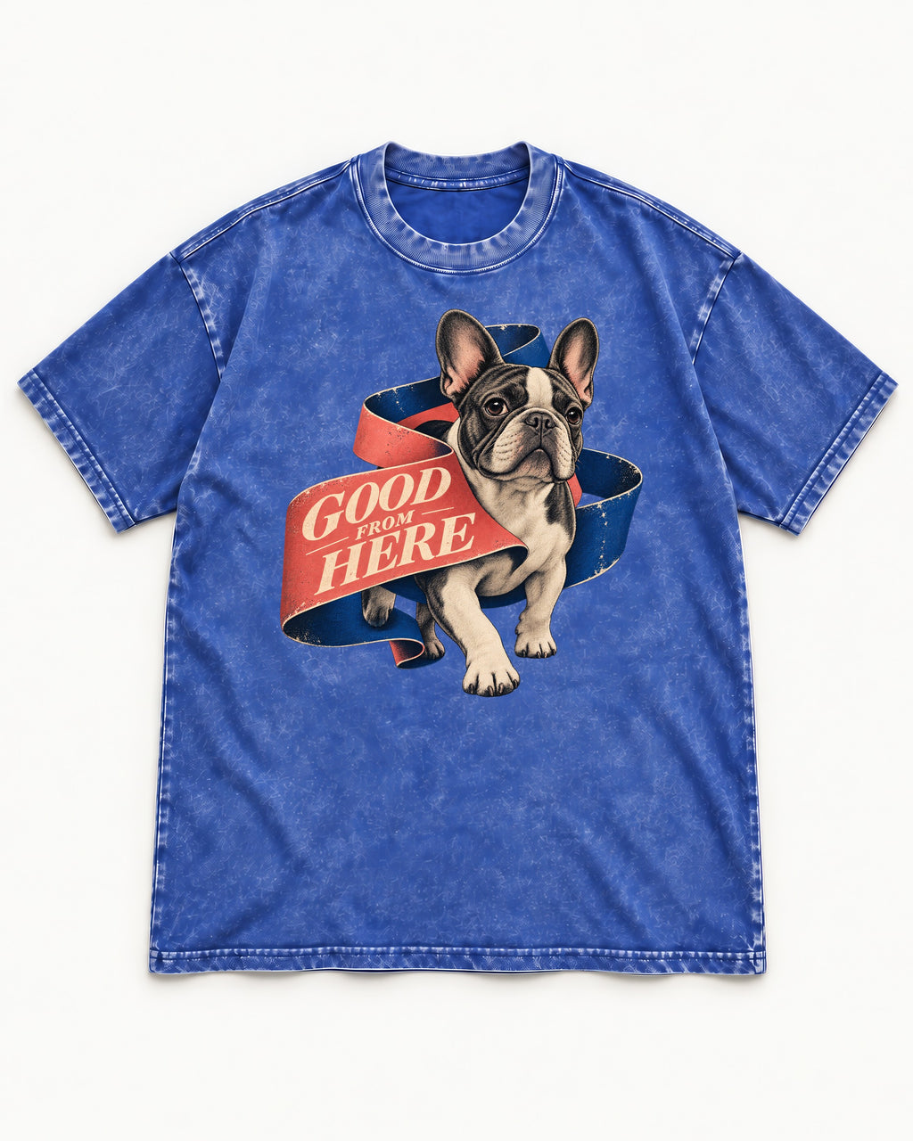 Frenchie Good From Here Ribbon Graphic Washed Tee in Royal Blue, flat lay product photo