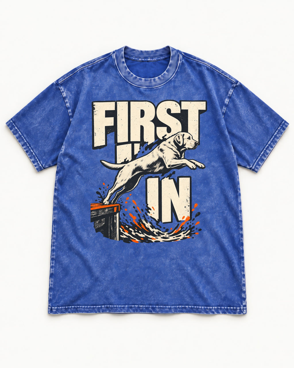 First In Dock Jump Labrador Retriever Graphic Washed Tee in Royal Blue, flat lay product photo
