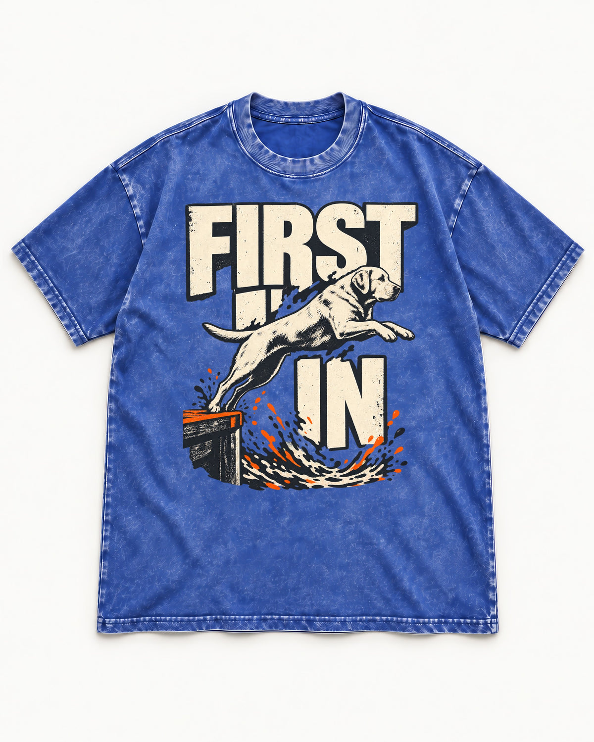 First In Dock Jump Labrador Retriever Graphic Washed Tee in Royal Blue, flat lay product photo