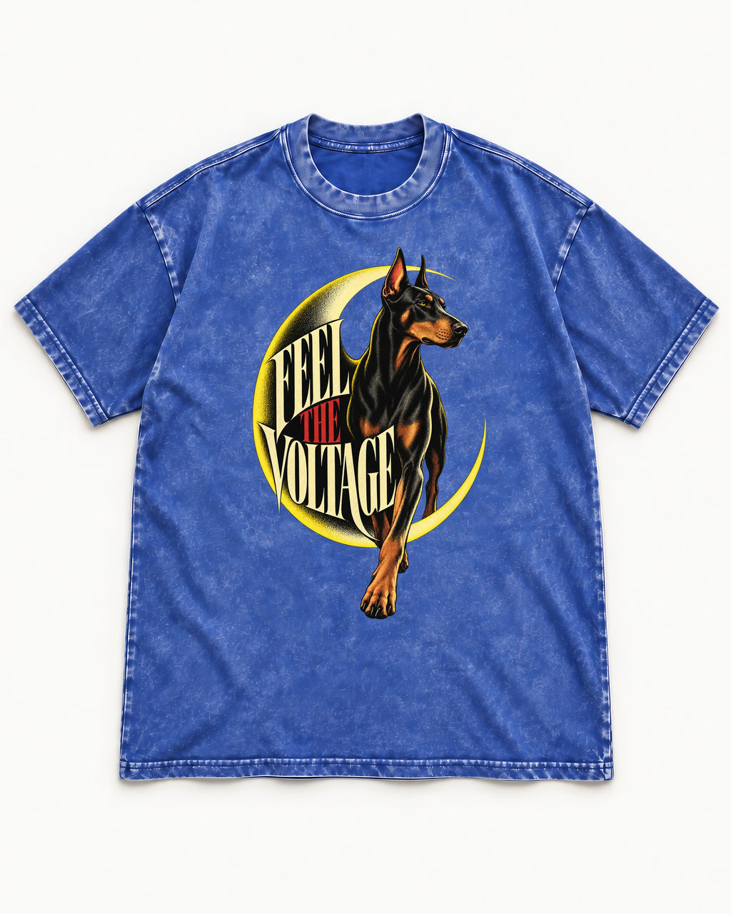 Doberman Feel the Voltage Crescent Portrait Graphic Washed Tee in Royal Blue, flat lay product photo