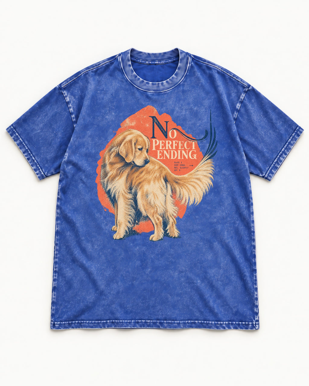 Golden Retriever No Perfect Ending Misregistration Graphic Washed Tee in Royal Blue, flat lay product photo