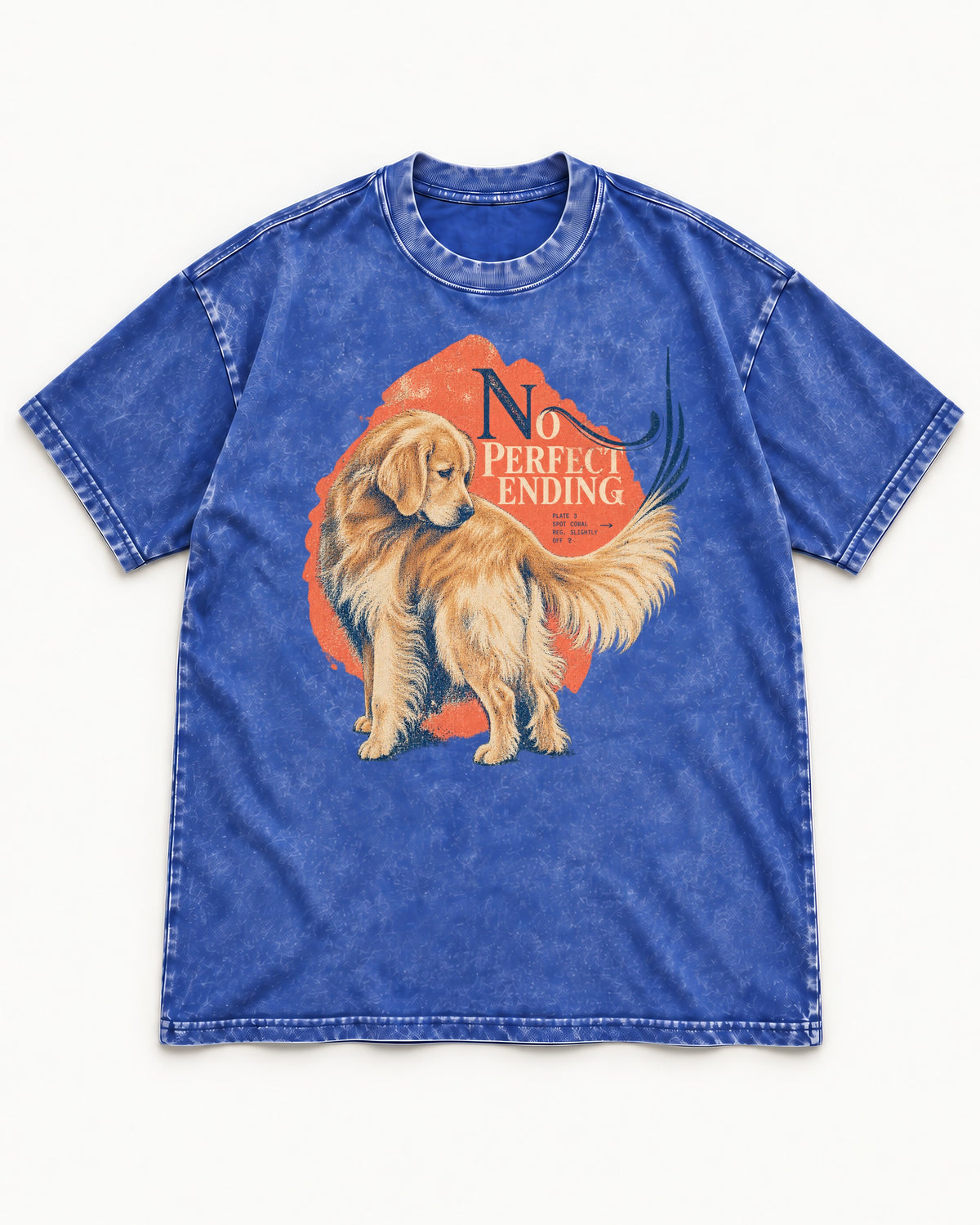 Golden Retriever No Perfect Ending Misregistration Graphic Washed Tee in Royal Blue, flat lay product photo
