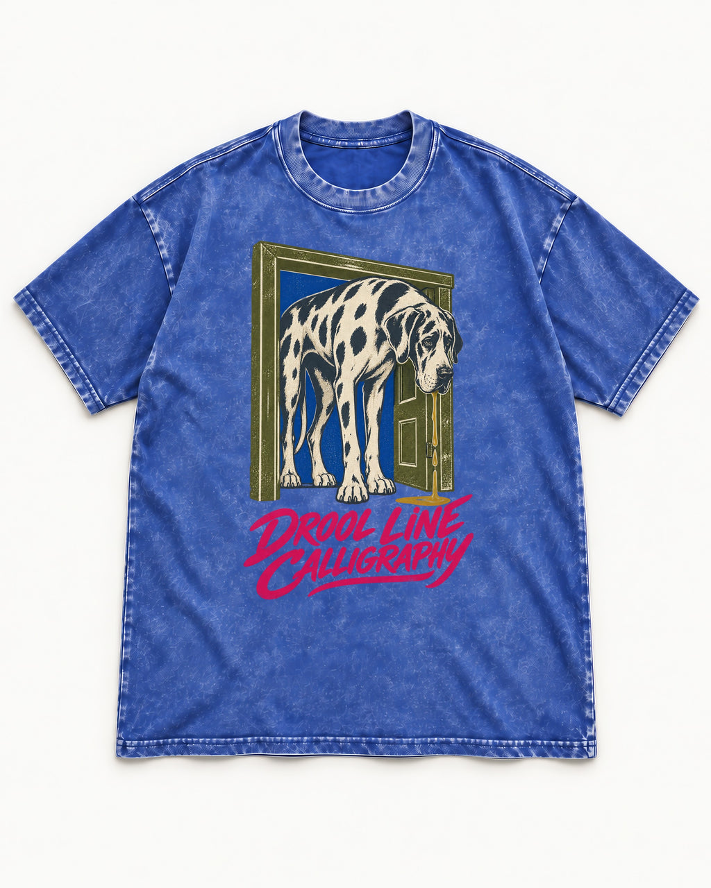 Great Dane Drool Line Calligraphy Doorway Graphic Washed Tee in Royal Blue, flat lay product photo