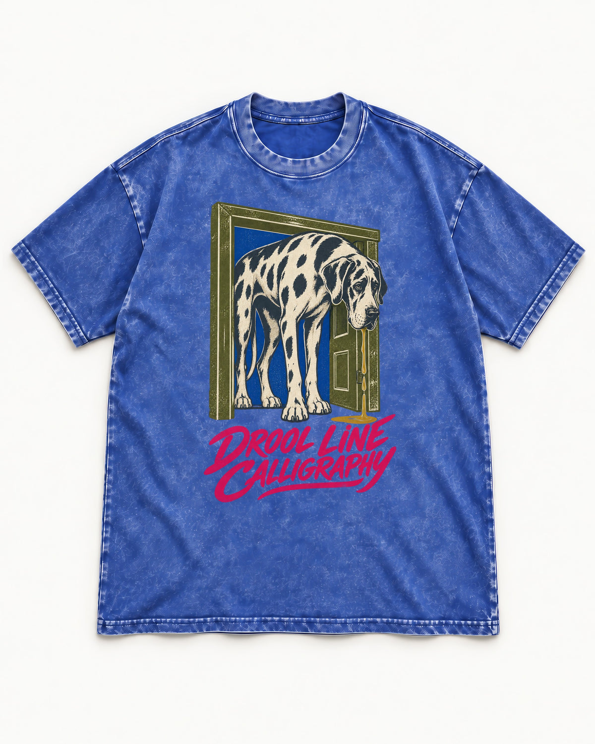 Great Dane Drool Line Calligraphy Doorway Graphic Washed Tee in Royal Blue, flat lay product photo