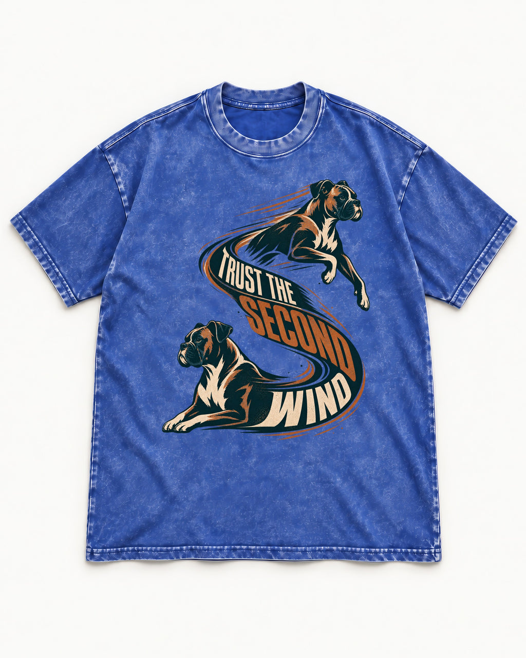Trust the Second Wind Boxer Motion Graphic Washed Tee in Royal Blue, flat lay product photo
