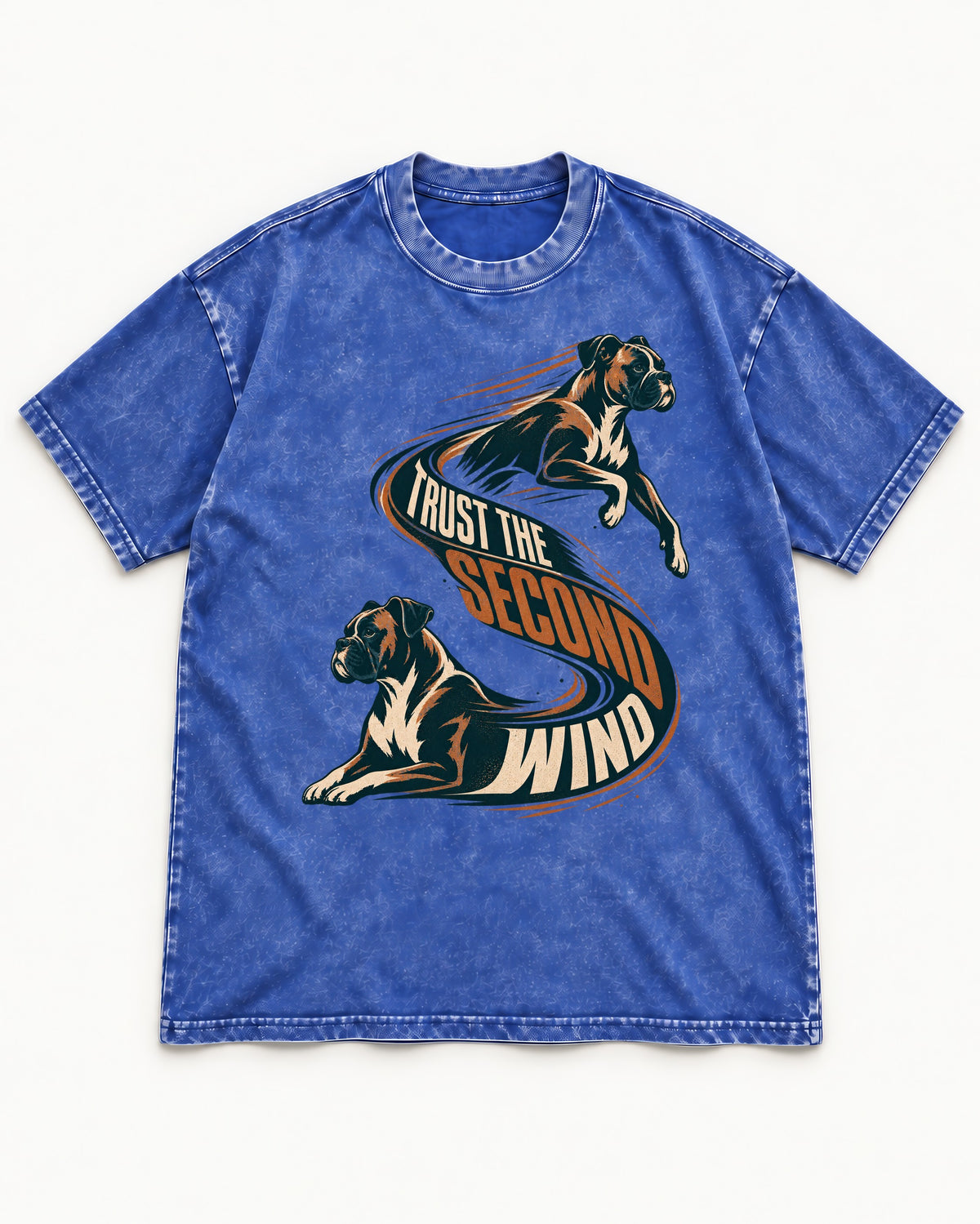 Trust the Second Wind Boxer Motion Graphic Washed Tee in Royal Blue, flat lay product photo