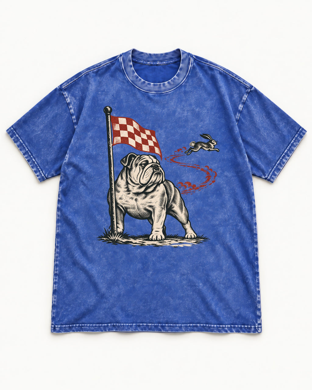 English Bulldog Checkered Flag Rabbit Chase Washed Tee in Royal Blue, flat lay product photo