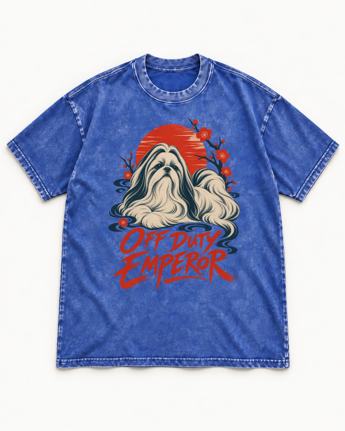 Shih Tzu Off Duty Emperor Sunset Blossom Graphic Washed Tee in Royal Blue, flat lay product photo
