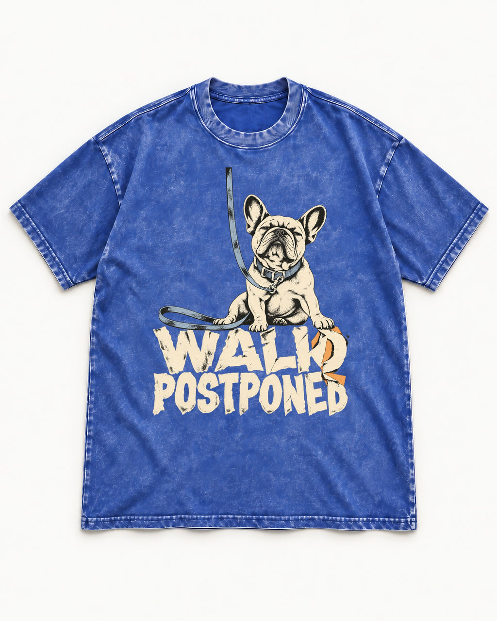 Frenchie Walk Postponed Leash Graphic Washed Tee in Royal Blue, flat lay product photo