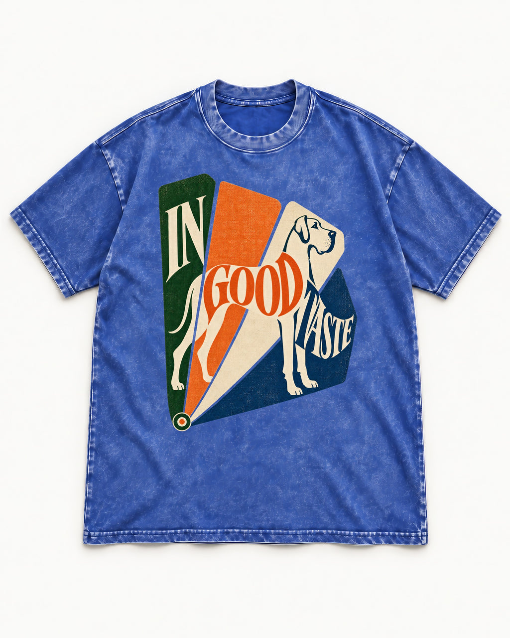 Great Dane In Good Taste Color Fan Graphic Washed Tee in Royal Blue, flat lay product photo