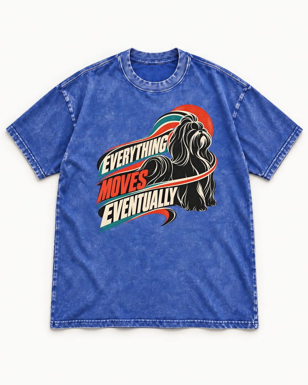 Shih Tzu Everything Moves Eventually Retro Speed Graphic Washed Tee in Royal Blue, flat lay product photo