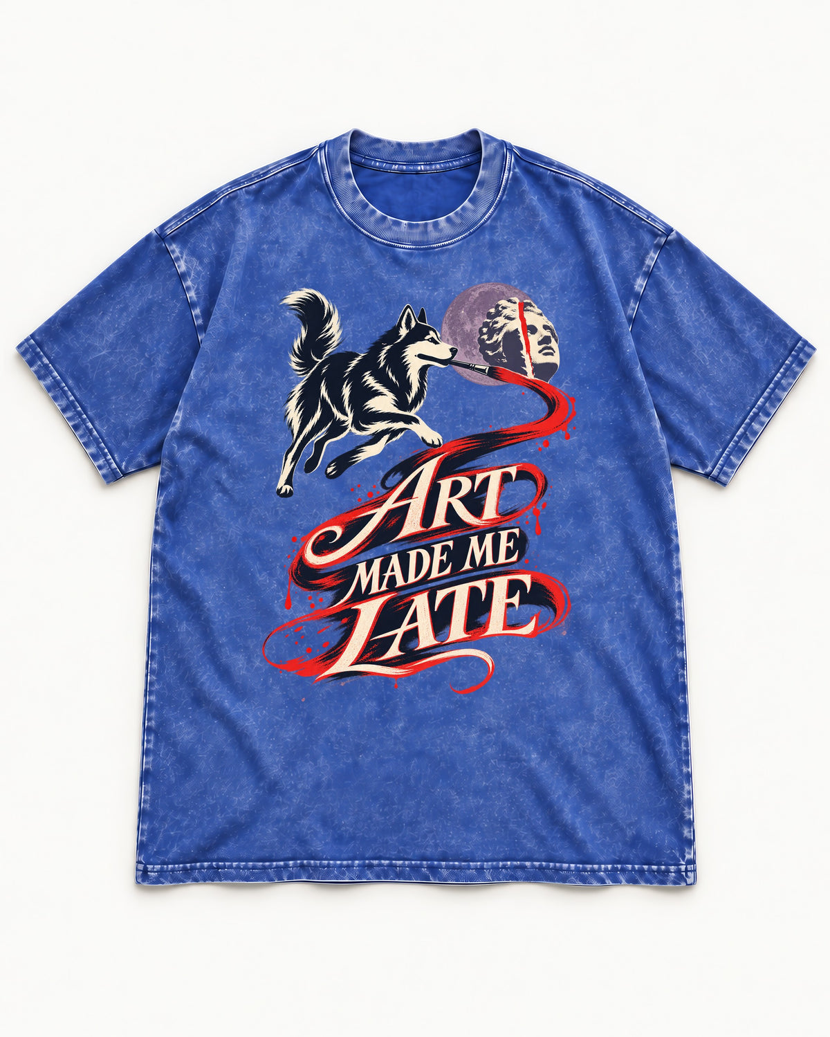 Husky Art Made Me Late Paintbrush Graphic Washed Tee in Royal Blue, flat lay product photo