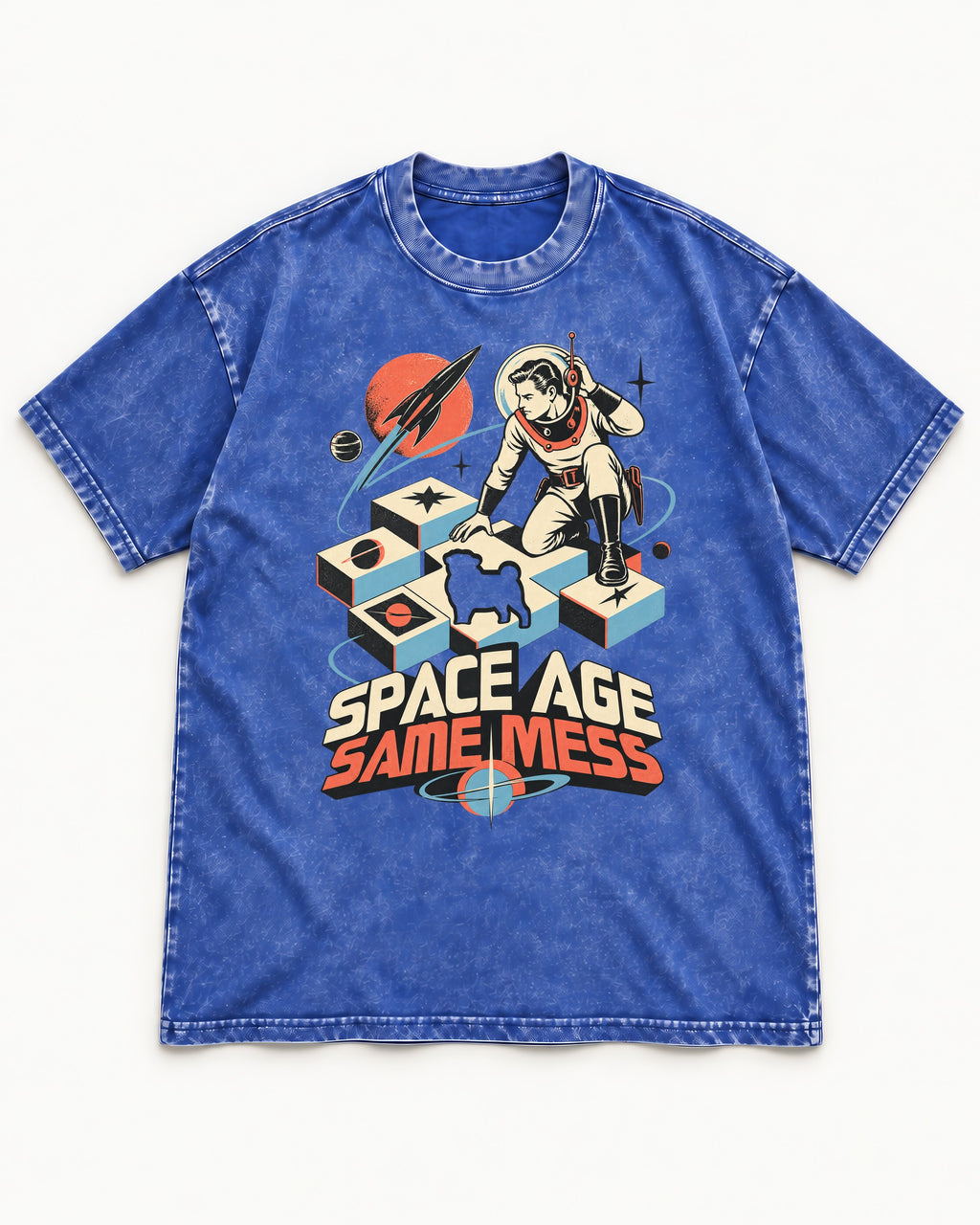Pug Space Age Same Mess Astronaut Graphic Washed Tee in Royal Blue, flat lay product photo