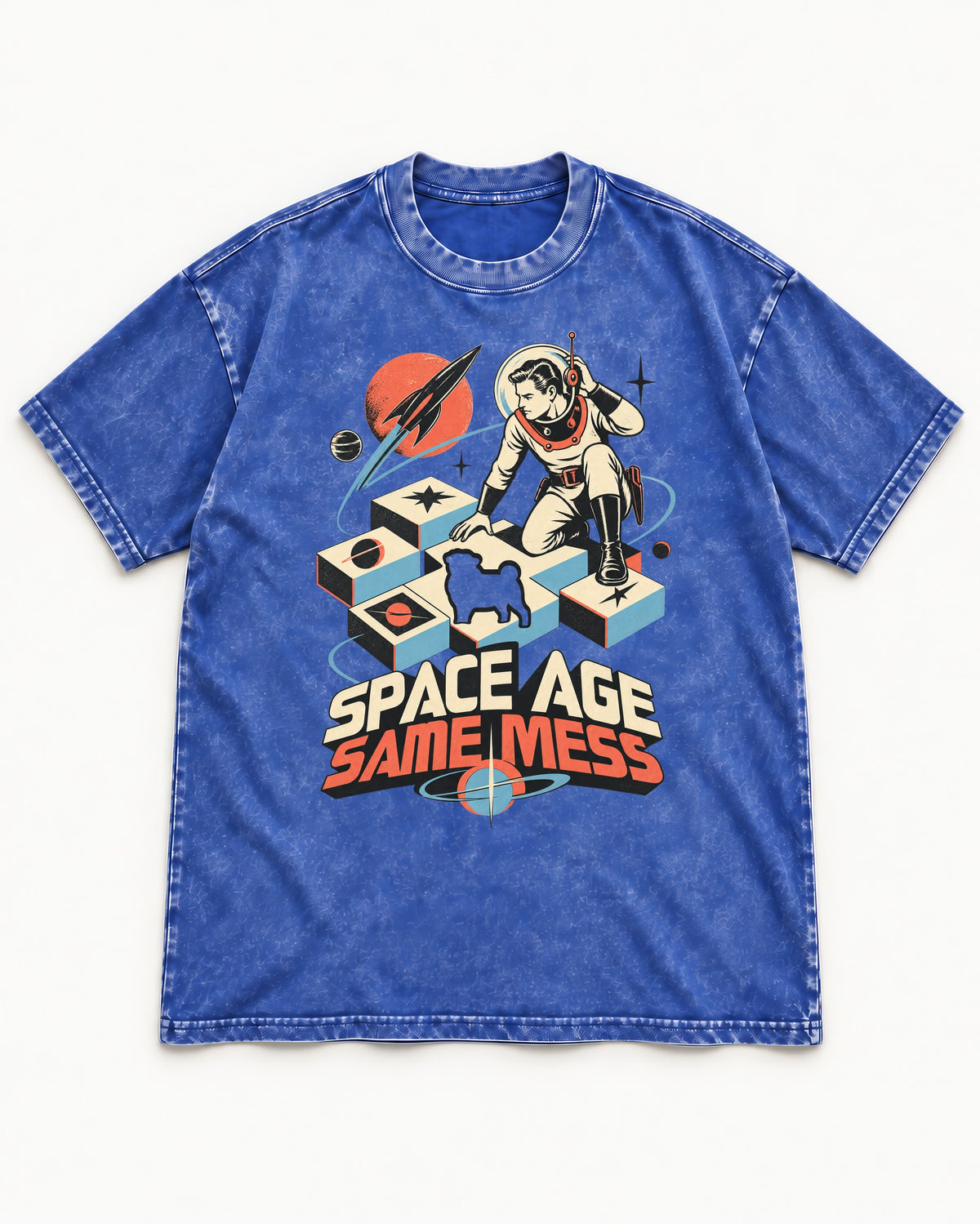 Pug Space Age Same Mess Astronaut Graphic Washed Tee in Royal Blue, flat lay product photo