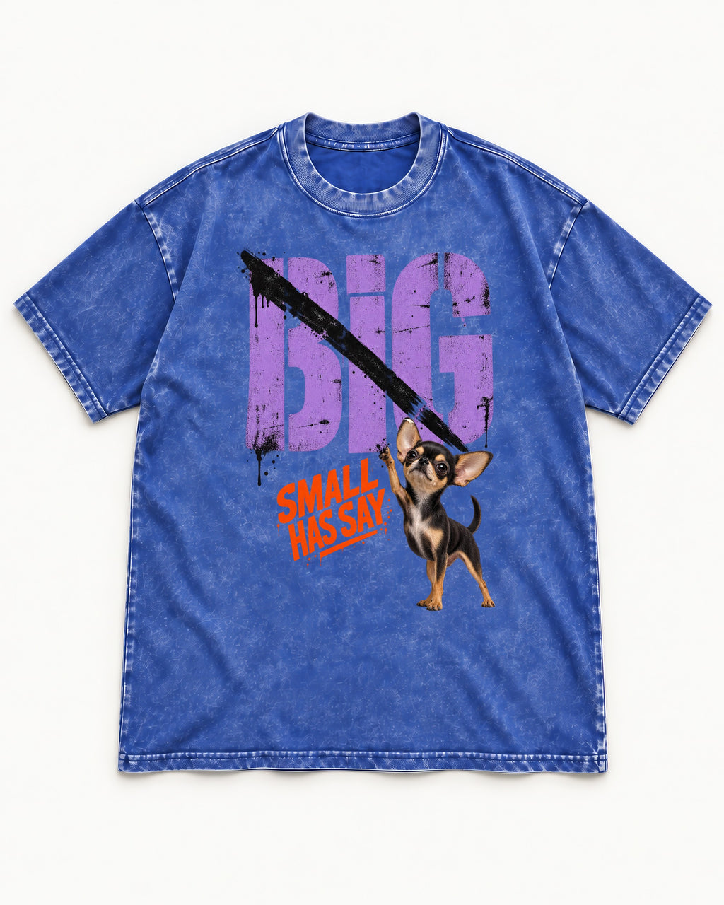 Chihuahua Big Small Has Say Diagonal Slash Graphic Washed Tee in Royal Blue, flat lay product photo