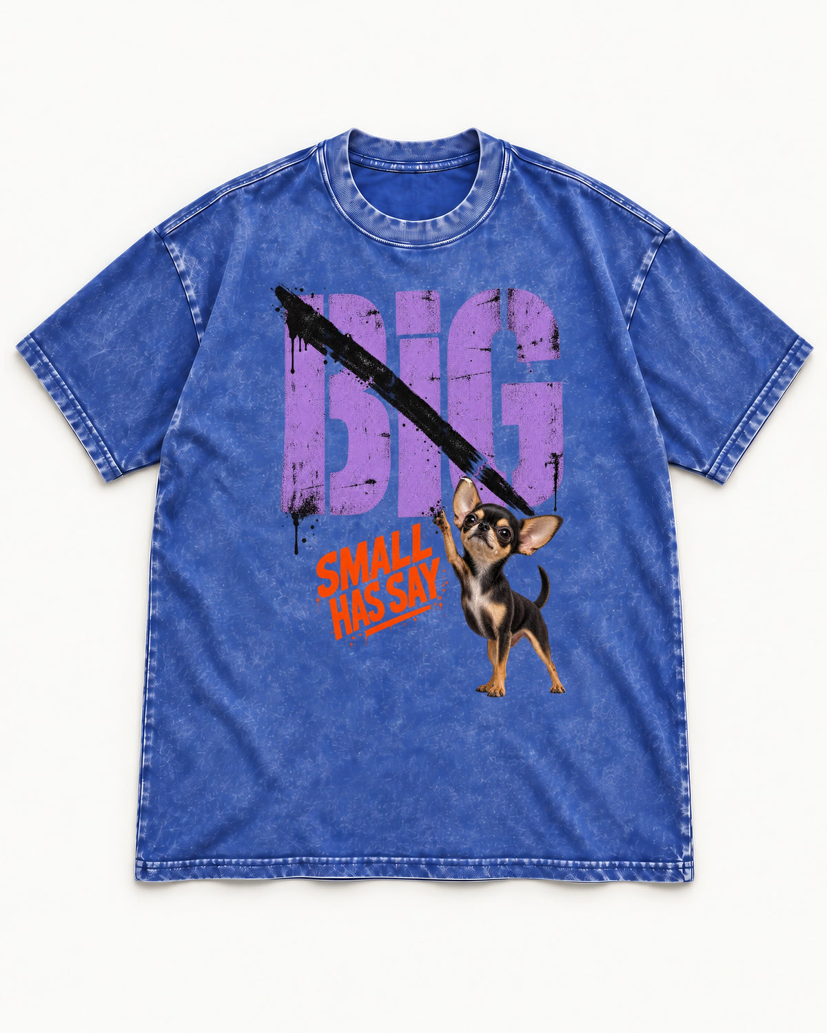 Chihuahua Big Small Has Say Diagonal Slash Graphic Washed Tee in Royal Blue, flat lay product photo