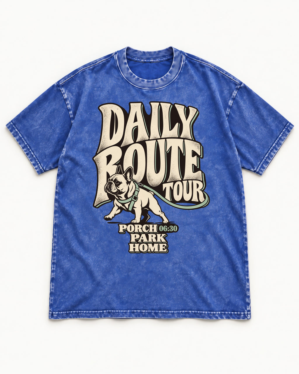 Frenchie Daily Route Tour Graphic Washed Tee in Royal Blue, flat lay product photo