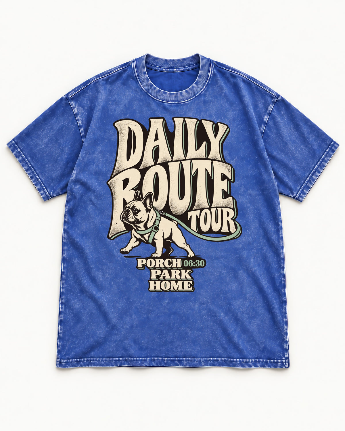 Frenchie Daily Route Tour Graphic Washed Tee in Royal Blue, flat lay product photo