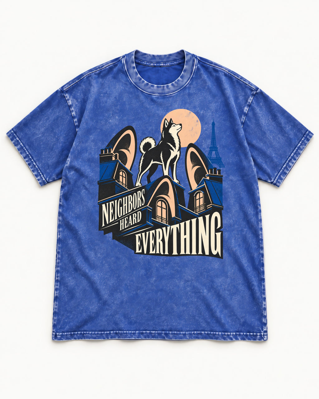 Husky Neighbors Heard Everything Paris Rooftop Graphic Washed Tee in Royal Blue, flat lay product photo