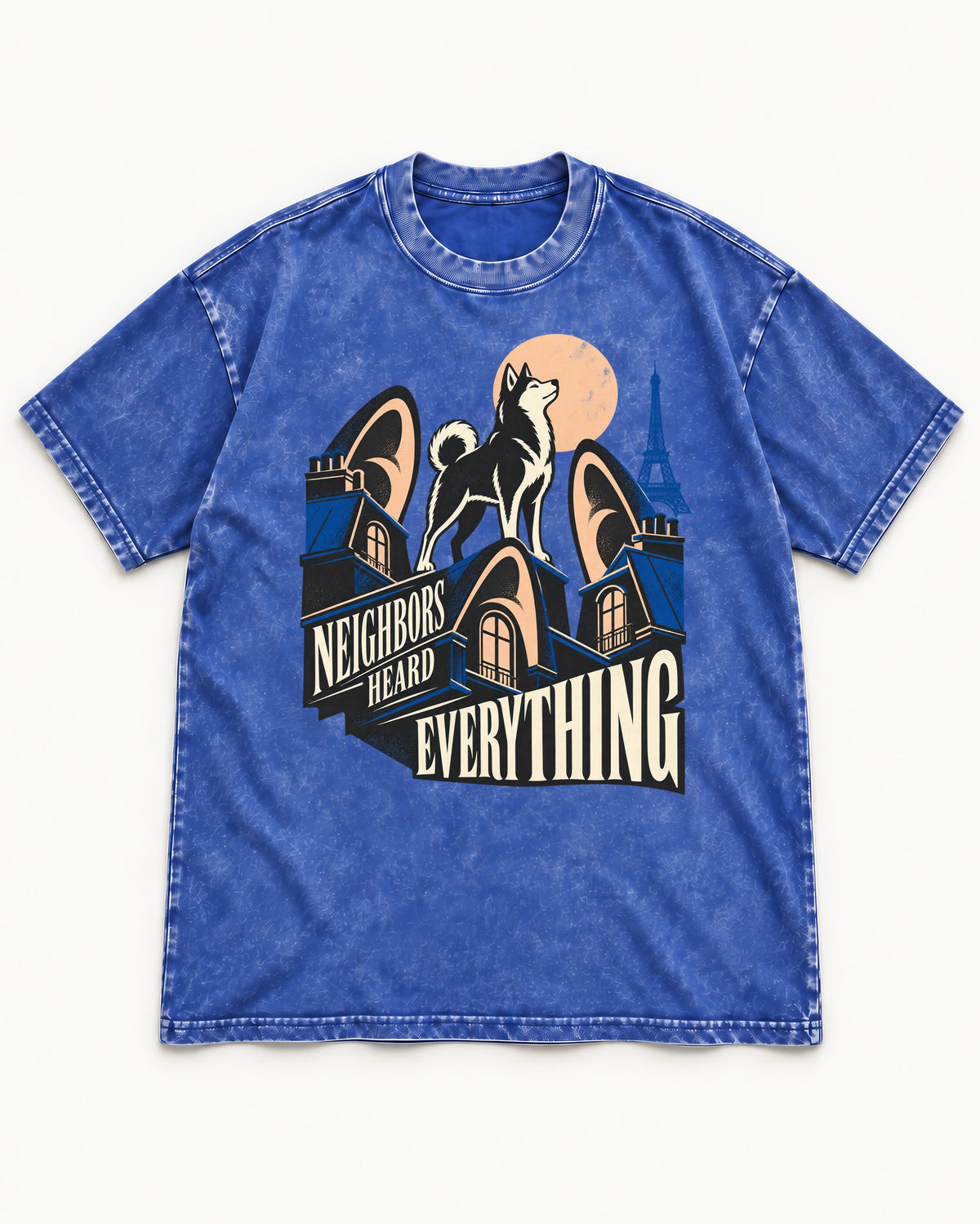 Husky Neighbors Heard Everything Paris Rooftop Graphic Washed Tee in Royal Blue, flat lay product photo