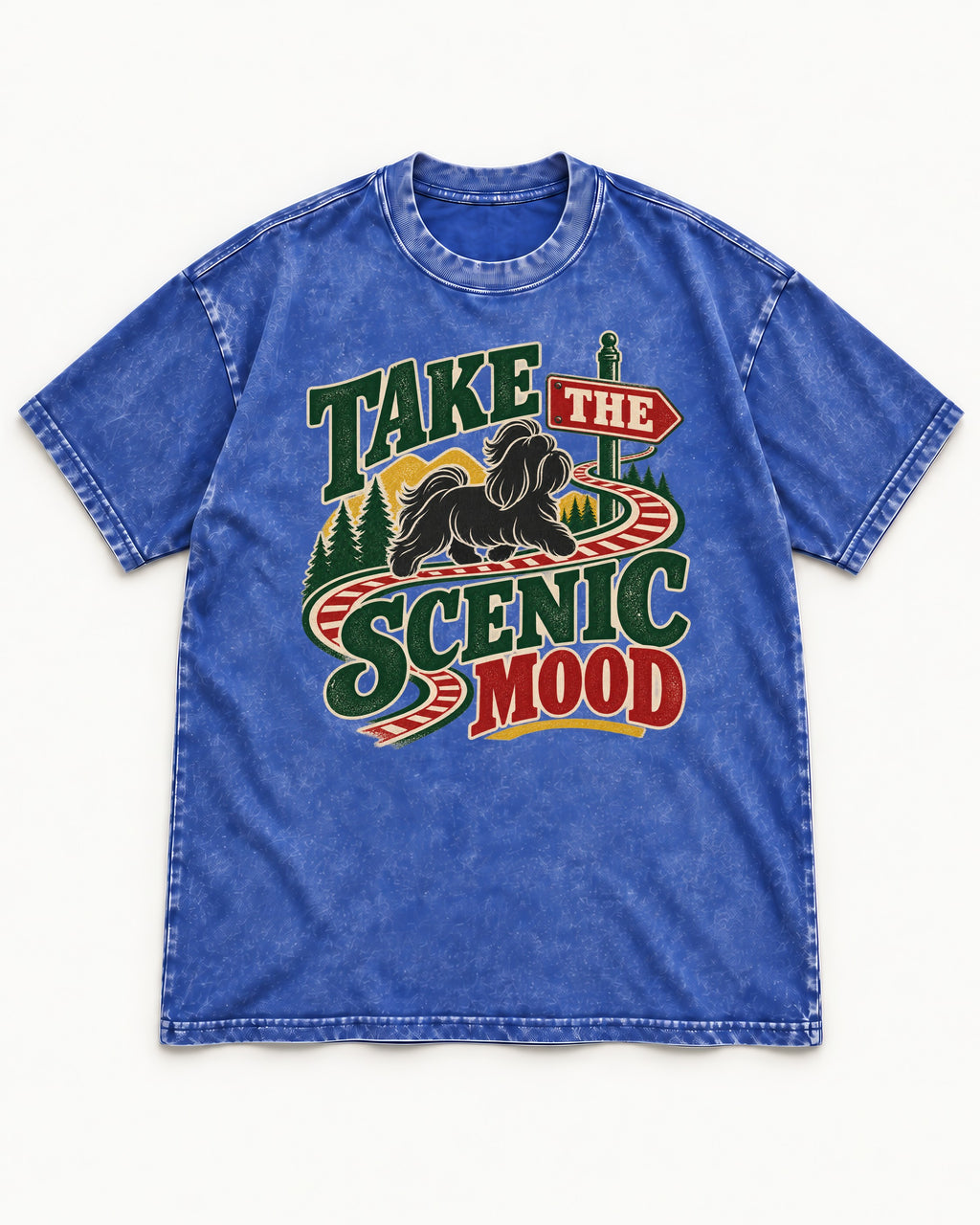 Shih Tzu Take the Scenic Mood Road Sign Graphic Washed Tee in Royal Blue, flat lay product photo