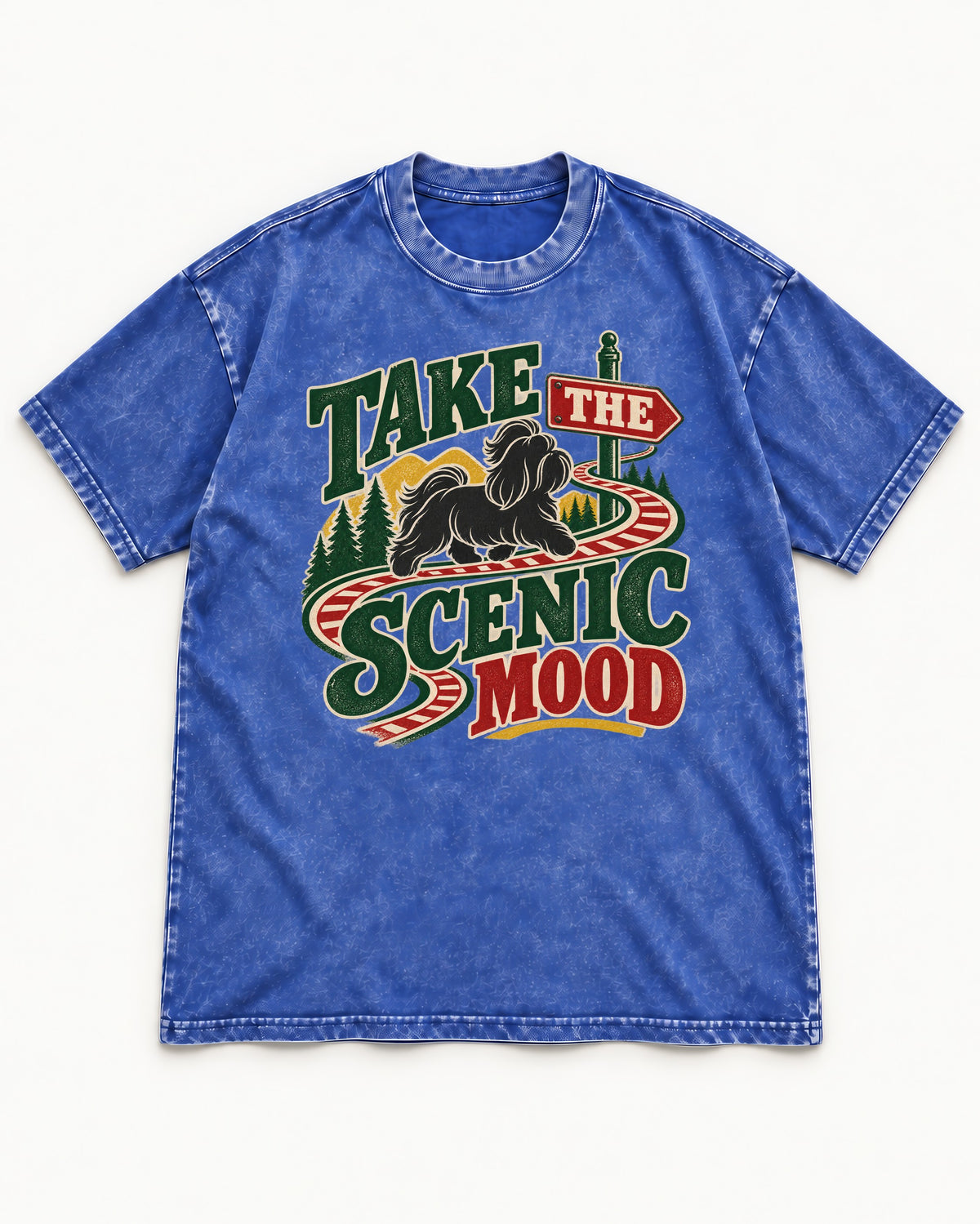 Shih Tzu Take the Scenic Mood Road Sign Graphic Washed Tee in Royal Blue, flat lay product photo